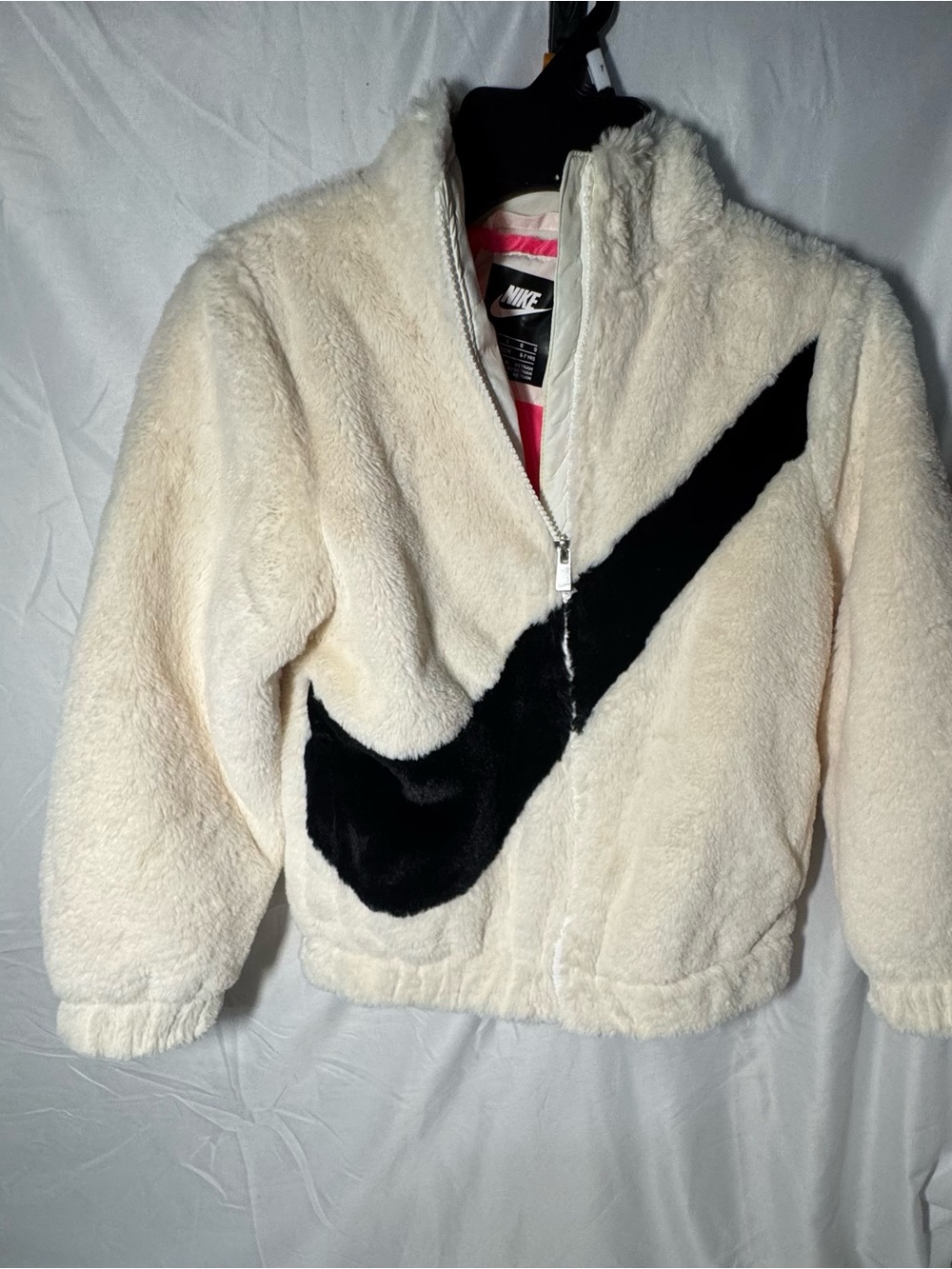 Nike Cream Fuzzy Puffer Jacket with Black Swoosh